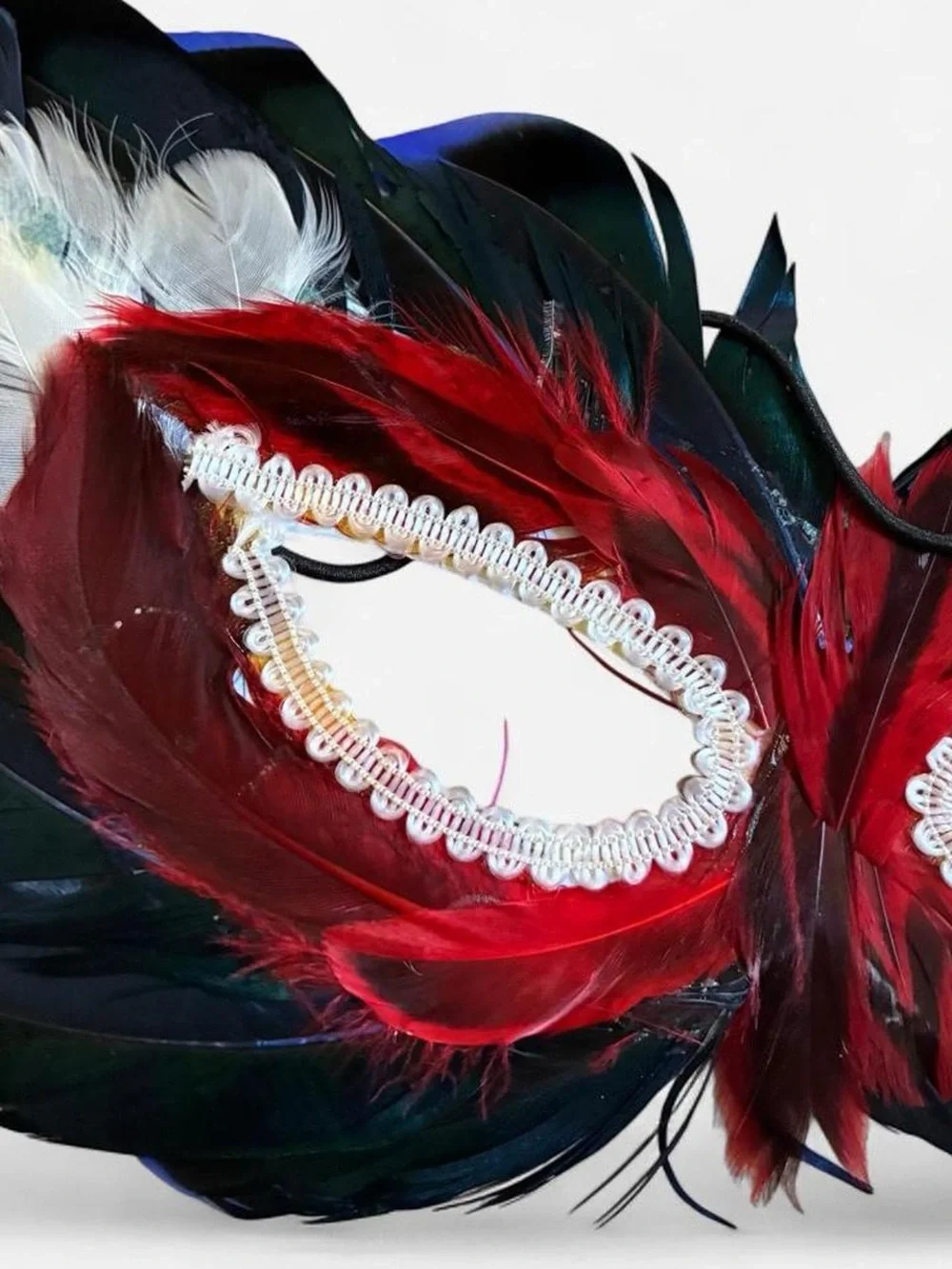 Feathered Masquerade Eye Mask in Red , White and Blue